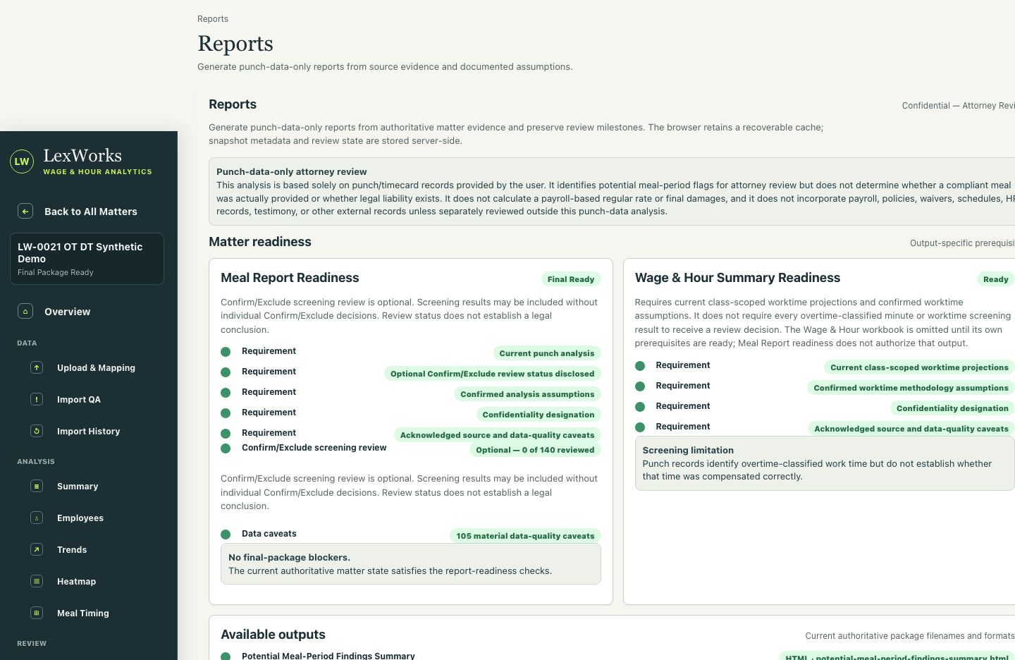 LexWorks reports page with current report templates and export actions