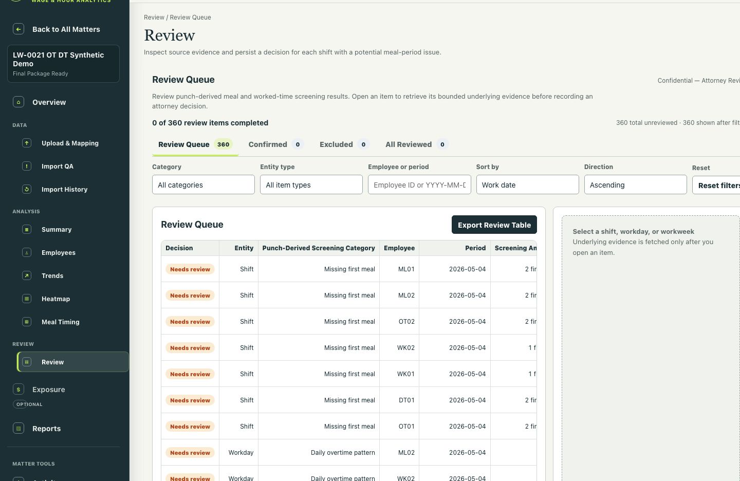 LexWorks timecard explorer with review queue, source punches and reviewer decision controls